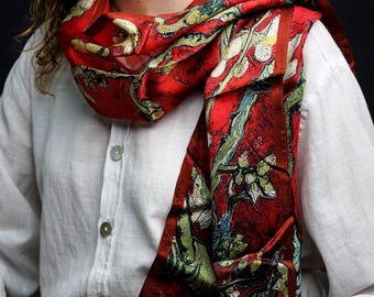 Luxury 100% Mulberry Silk Scarf for Women 16"x64" Floral Print Head Wrap Lightweight Long Hair Scarf Shawl Gift for Mom