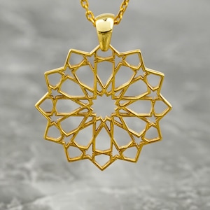 Islamic Silver Necklace Geometric Pattern Pendant Muslim Jewelry Gift for Women