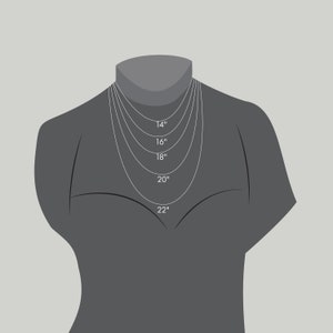 May include: Diagram showing different necklace lengths on a mannequin. The lengths are 14 inches, 16 inches, 18 inches, 20 inches, and 22 inches.