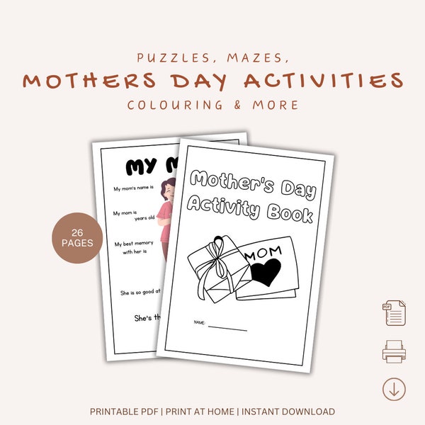 Mothers day activity book for kids | 26 Pages Fun and Challenging Activity Book For Kids | Activity pages for kids | Instant Download PDF