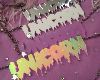 UNICORN Drippy Font Acrylic Necklace in White, Lilac, Silver, or Radiant