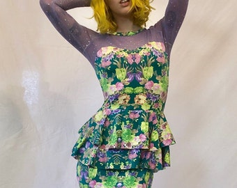 Floral and Lilac Sparkle Sleeve Sheer Top Dress MADE TO ORDER