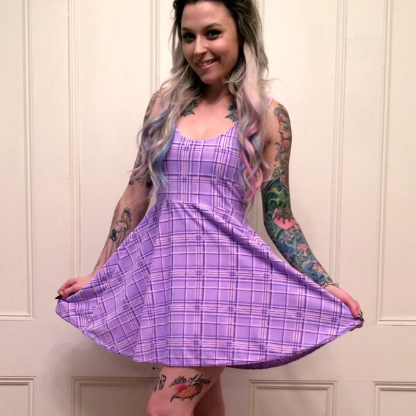 Lilac and Pink Plaid Tank Top Skater Dress in Stretch Velvet Size Small (US 4/6)