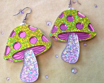 Magical Glitter Mushroom Earrings, Laser Cut Acrylic, Plastic Jewelry