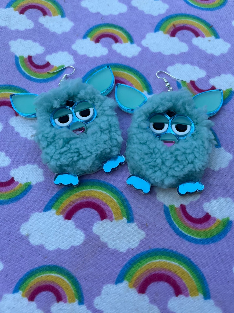 Furry Furby Earrings, Pink, Blue and Purple Pastel Laser Cut Acrylic, Plastic Jewelry image 7