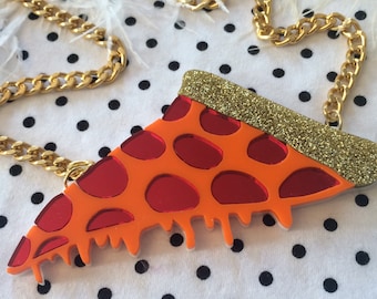 Drippy Pizza with Glitter Crust and Mirror Pepperoni Necklace, Laser Cut Acrylic, Plastic Jewelry