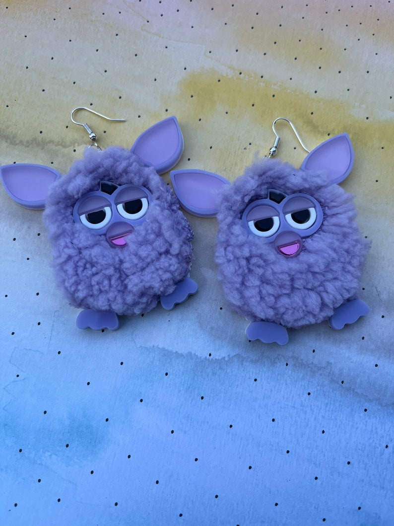 Furry Furby Earrings, Pink, Blue and Purple Pastel Laser Cut Acrylic, Plastic Jewelry image 5