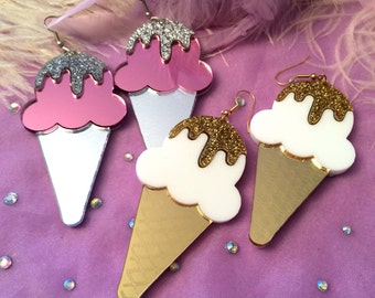 Glitter Dipped Ice Cream Cone Earrings, Laser Cut Acrylic, Plastic Jewelry