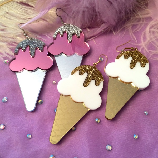 Glitter Dipped Ice Cream Cone Earrings, Laser Cut Acrylic, Plastic Jewelry