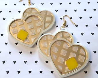 Heart Waffle Earrings, Laser Cut Acrylic, Plastic Jewelry