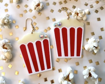 Movie Popcorn Earrings, Laser Cut Acrylic, Plastic Jewelry