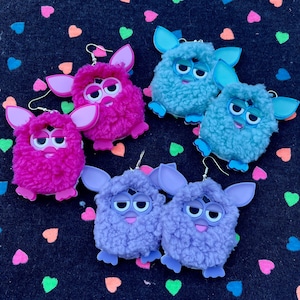 Furry Furby Earrings, Pink, Blue and Purple Pastel Laser Cut Acrylic, Plastic Jewelry image 4