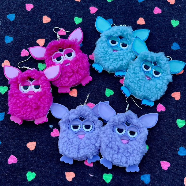 Furry Furby Earrings, Pink, Blue and Purple Pastel Laser Cut Acrylic, Plastic Jewelry image 4