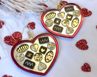 Heart Shaped Chocolate Box Earrings, Valentine's Day, Laser Cut Acrylic, Plastic Jewelry