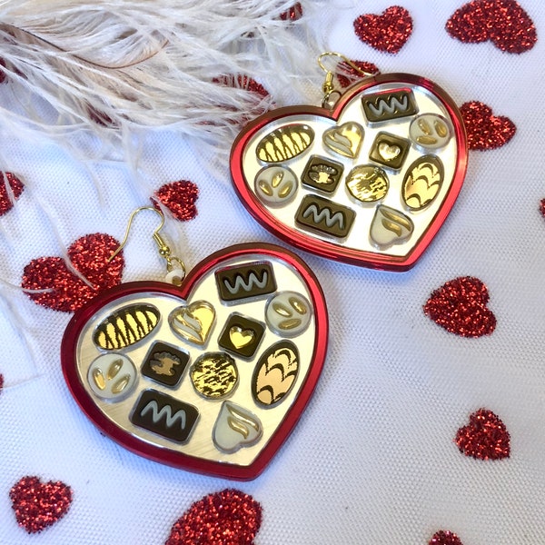Heart Shaped Chocolate Box Earrings, Valentine's Day, Laser Cut Acrylic, Plastic Jewelry