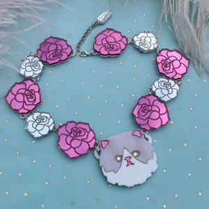 Persian Cat and Roses, Laser Cut Acrylic, Plastic Jewelry