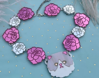 Persian Cat and Roses, Laser Cut Acrylic, Plastic Jewelry