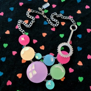 Pastel Rainbow Super Bubble & Wand Necklace, Laser Cut Acrylic, Plastic Jewelry