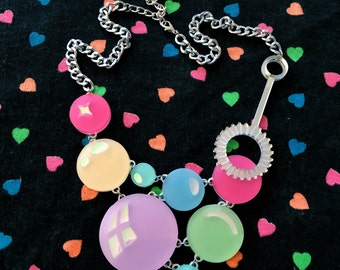 Pastel Rainbow Super Bubble & Wand Necklace, Laser Cut Acrylic, Plastic Jewelry