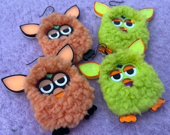 Halloween Furry Furby Earrings, Orange or Chartreuse Green Laser Cut Acrylic, Plastic Jewelry