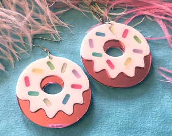 Pink Mirrored and Pastel Sprinkles Doughnuts Laser cut Acrylic Earrings