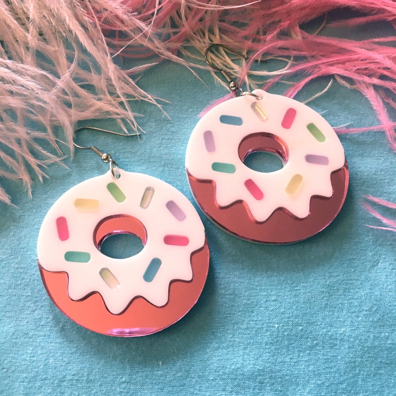 Pink Mirrored and Pastel Sprinkles Doughnuts Laser cut Acrylic Earrings image 1