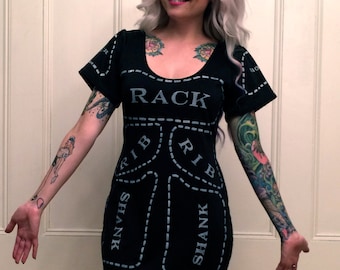 Black Cuts of Meat Screen Print Butcher Dress MADE TO ORDER
