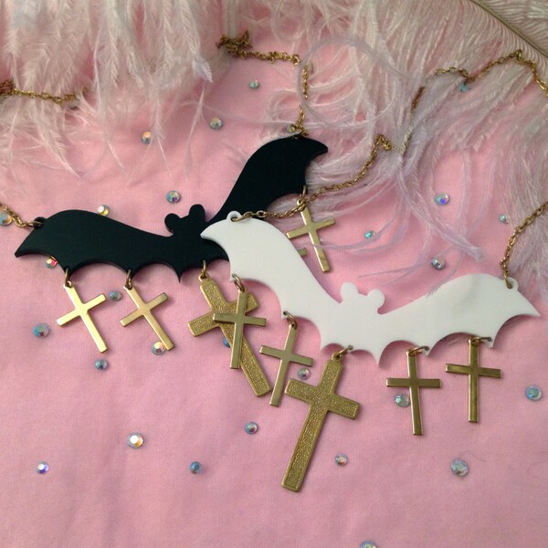 Opaque Acrylic Bat and Crosses Necklace