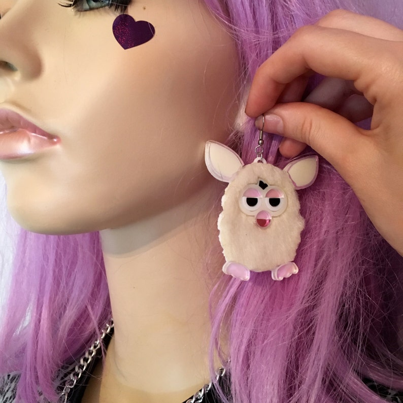 Rose Pink Furry Furby Earrings, Laser Cut Acrylic, Plastic Jewelry image 8