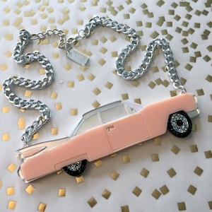 Vintage Cadillac Convertible Car Necklace, Laser Cut Acrylic, Plastic Jewelry