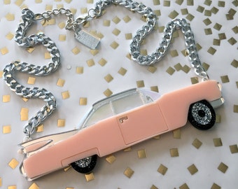 Vintage Cadillac Convertible Car Necklace, Laser Cut Acrylic, Plastic Jewelry