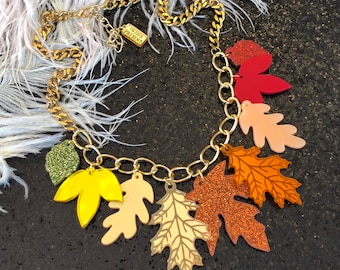 Autumn Fall Leaves Necklace, Laser Cut Acrylic, Plastic Jewelry