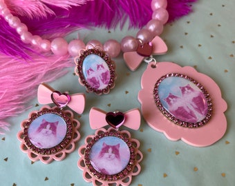 Cameo set or pieces, laser cut plastic costume Jewelry, necklace, earrings, ring Pink Kittens