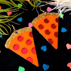 Pizza with Glitter Crust Large Food Earrings, Laser Cut Acrylic, Plastic Jewelry image 3
