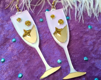Champagne Flute Celebration Earrings, Laser Cut Acrylic, Plastic Jewelry