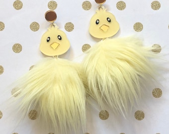 Pom Pom Fluffy Furry Chick Easter Earrings, Laser Cut Acrylic, Plastic Jewelry