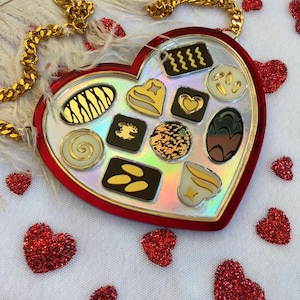 Heart Shaped Chocolate Box Necklace, Valentine&#39;s Day, Laser Cut Acrylic, Plastic Jewelry