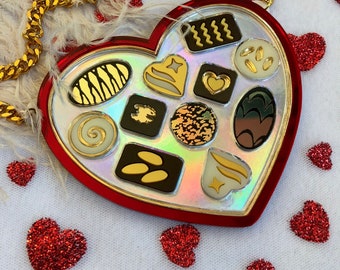 Heart Shaped Chocolate Box Necklace, Valentine's Day, Laser Cut Acrylic, Plastic Jewelry