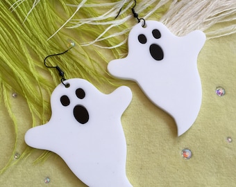 Spooky Ghost Earrings, Black and White, Laser Cut Acrylic, Plastic Jewelry