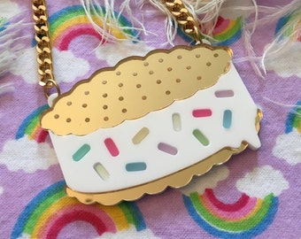 Rainbow Sprinkle Ice Cream Sandwich Necklace, Laser Cut Acrylic, Plastic Jewelry
