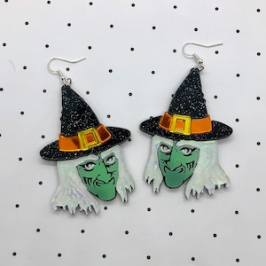 Halloween Witch Earrings, Laser Cut Acrylic, Plastic Jewelry