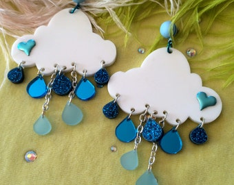 Rain Cloud Earrings, Laser Cut Acrylic, Plastic Jewelry