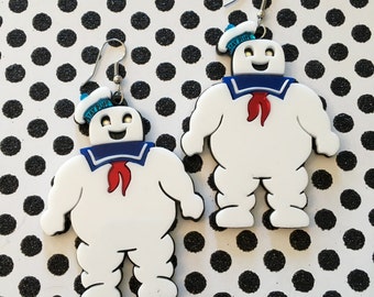 Stay Puft Marshmallow Man Earrings, Laser Cut Acrylic, Plastic Jewelry