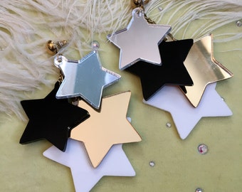 Precious Metal Dangling Stars Earrings, Laser Cut Acrylic, Plastic Jewelry