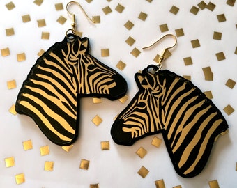 Zebra Black and Mirror Gold Earrings, Laser Cut Acrylic, Plastic Jewelry