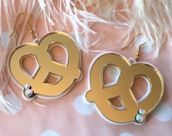 Mirrored Pretzel Earrings, Laser Cut Acrylic, Plastic Jewelry