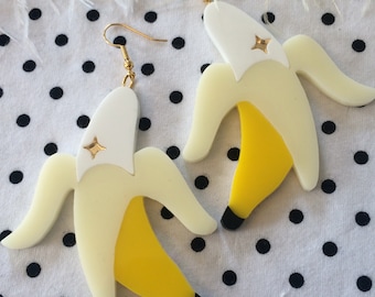 Brincos de banana, bananas cortadas a laser em acrílico, joias de plástico