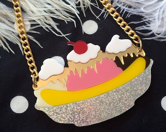 Banana Split Sundae Acrylic Necklace, Laser Cut Acrylic, Plastic Jewelry