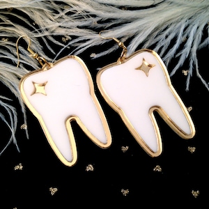 Tooth Teeth Mirrored Gold and White Earrings, Laser Cut Acrylic, Plastic Jewelry