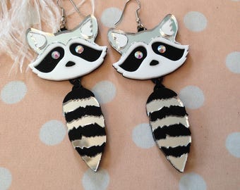 Raccoon Heads and Tails Earrings, Laser Cut Acrylic, Plastic Jewelry